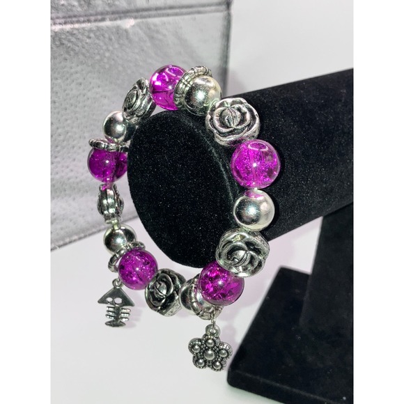 Purple Crystals Silver-Tone Beaded Charm Bracelet! - Picture 4 of 7